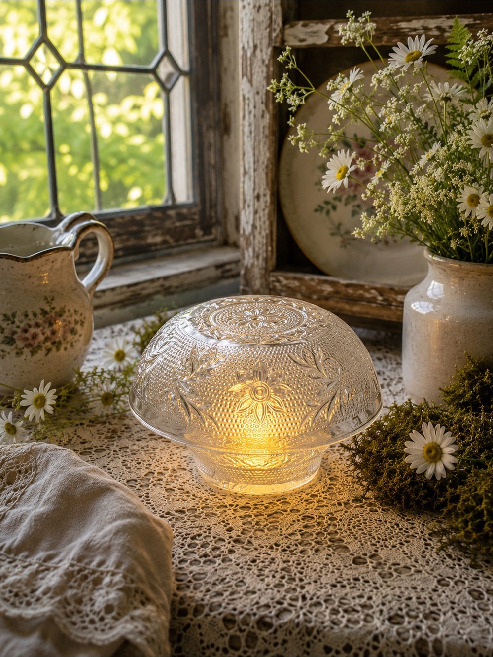 Vintage Tiara Glass Mushroom Fairy Lamp | Clear Floral Glass | Cottagecore Decor